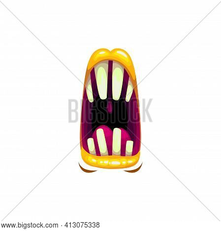Monster Mouth, Vector Creepy Yell Jaws, Alien Roar Maw With Long Teeth And Yellow Lips. Halloween Cr