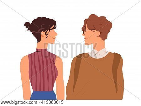 Young Modern Love Couple Of Man And Woman Standing Face To Face. Portrait Of Two Trendy Friends. Rom