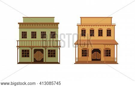 Western Two-storey Saloon Or Bar Having Batwing Doors Vector Set