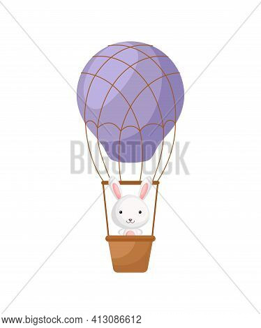 Cute Little Rabbit Fly On Purple Hot Air Balloon. Cartoon Character For Childrens Book, Album, Baby 