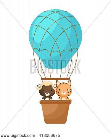 Cute Little Lynx, Musk-ox Fly On Blue Hot Air Balloon. Cartoon Character For Childrens Book, Album, 