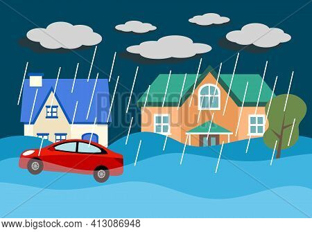 Flood Disaster In Village Concept Vector Illustration. Flooding House And Car Under Heavy Rains In F