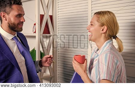 Business Couple. Handsome Man Speaking Cute Woman In Office. Office Life. Ceo And Employee. Business