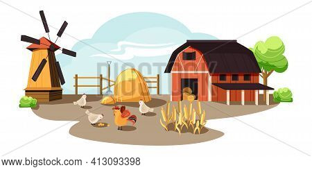 Farm In The Countryside, Rustic Landscape, Barn And Mill, Chickens And Eggs. Village