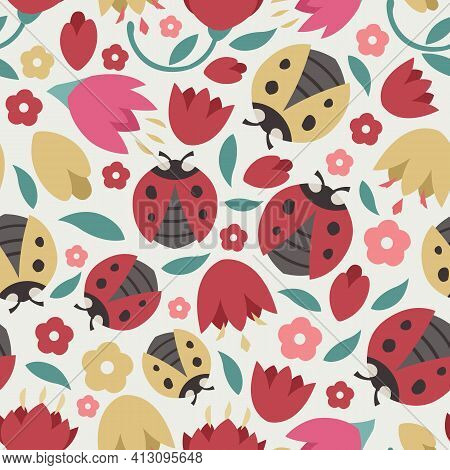 Seamless Pattern With Ladybug And Flowers In Flat Style, Vector Format