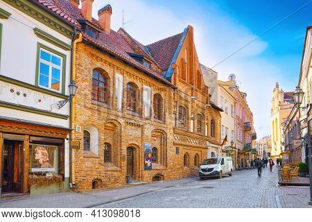 Downtown Of The City, On Pilies Street In The Historic Part Of The Old City Of Vilnus. Lithuania.