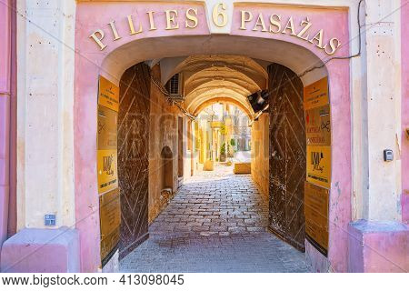Downtown Of The City, On Pilies Street In The Historic Part Of The Old City Of Vilnus. Lithuania.