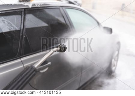 Contactless  Car Wash Self Service System. Washing Dirty Car In Car Wash Station With Foam