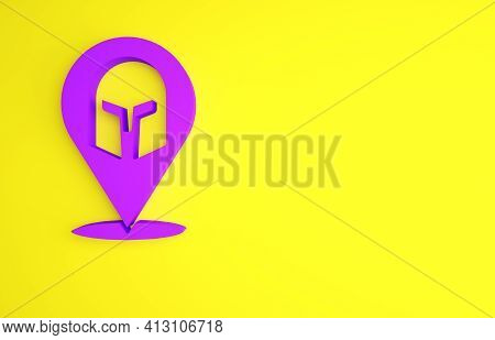 Purple Greek Helmet Icon Isolated On Yellow Background. Antiques Helmet For Head Protection Soldiers