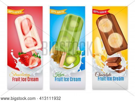 Popsicles Realistic Banners With Advertising Of Strawberry Kiwi And Chocolate Fruit Ice Cream Isolat
