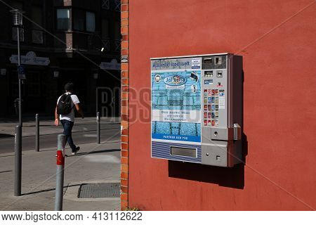 Rheydt, Germany - September 18, 2020: Cigarette Vending Machine In Rheydt, Germany. The Machines Are