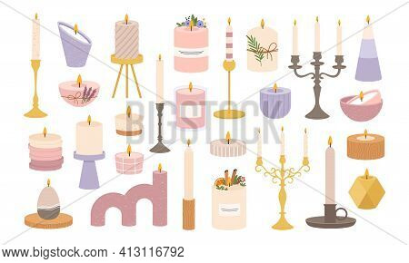 Candles In Candlesticks. Vintage Old Candelabras And Modern Candlestick. Decorative Burning Candle I