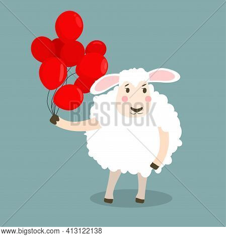 Children's Vector Illustration Of A Sheep With Red Inflatable Balls In Its Hand