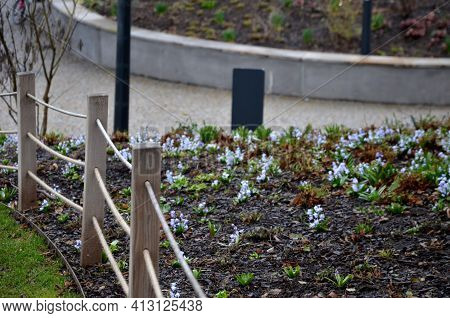 Retaining Wall At The Large Staircase In The Park The Flowerbed Area Is Planted With Rich Greenery O