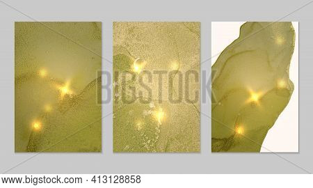 Set Of Marble Patterns. Olive Green And Gold Geode Textures With Glitter
