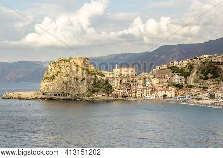 Aerial View Of Scilla, Calabria Village During A Cloudy Day.