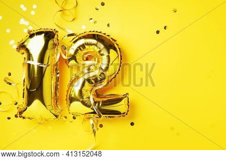 Gold Foil Balloon Number, Digit Twelve. Birthday Greeting Card, Inscription 12. Anniversary Celebrat