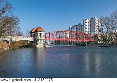 Berlin, Germany - February 23, 2021: Heritage-protected Steel Truss Haven Bridge ( Sechserbruecke) O