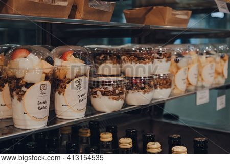 London, Uk - August 16, 2019: Variety Of Granola On Sales In Le Pain Quotidien, An International Cha
