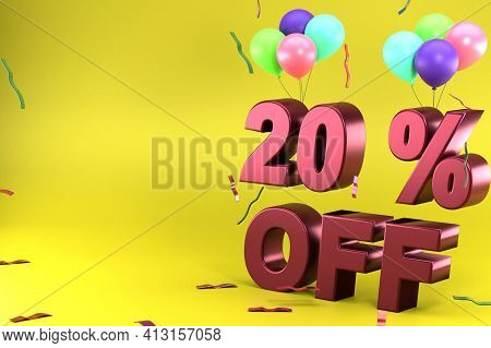 3d Rendering Of Twenty Percent Off, Different Ballon Color And Yellow Theme. Perfect For Background,