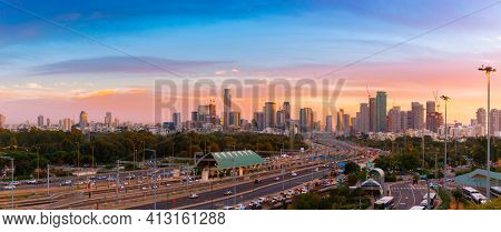 Tel Aviv Skyline At Sunset,  Tel Aviv Cityscape Large Panorama At Sunset Time, Israel