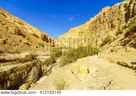 Ein Gedi, Israel - March 13, 2021: View Of A Footpath Along The Arugot Stream, With Hikers, In Ein G