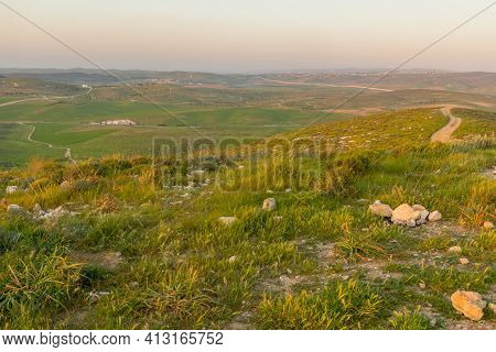 Sunset View Of Countryside And Rural Landscape From The Gaat Hill, Near Lahav, In The Negev Desert, 