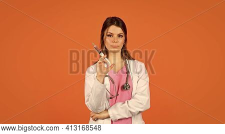 Nurse Make Injection. Health Worker Dials Vaccine In Syringe. Physician Or Therapist Giving Vaccine 
