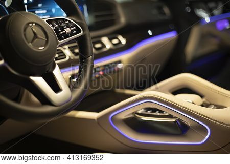 Moscow, Russia - December 24, 2019: Close-up Of Premium Led Ambiant Light Empty Interior Of Premium 
