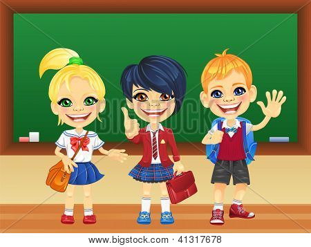 Vector sonriendo escolares cerca de pizarra
