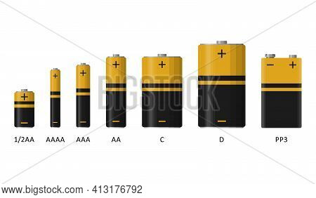 Alkaline Battery Set With Different Sizes Isolated On White Background. Rechargeable Batteries Flat 