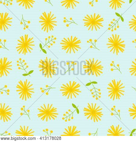 Dandelion Seamless Pattern. Cute Spring Floral Print. Yellow Flowers On Light Blue Background.