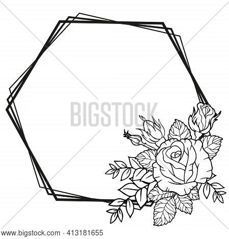 Vector Borders Of Rose Flowers, Branches And Leaves. Vector Isolated On White Background. Coloring B