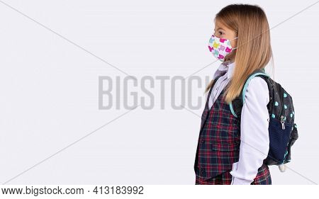 Banner, Long Format. A Profile Photo Of A Girl In A School Uniform With A Rugzak On Her Shoulders An