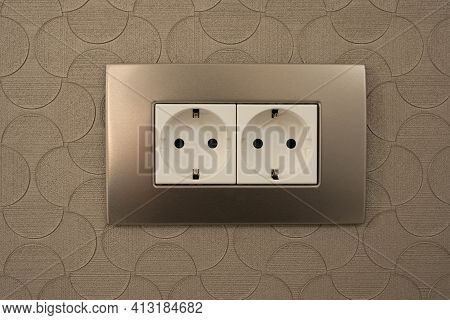 Double Socket 220 Volt Euro Standard With Grounding In A Metal Frame.