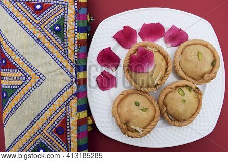 Indian Traditional Sweet Known As Chandrakala, Round Deep Fried Sweet From India Or Pakistan, Eaten 