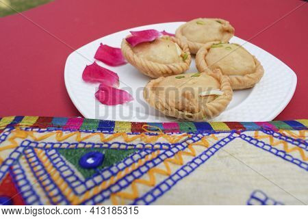 Indian Traditional Sweet Known As Chandrakala, Round Deep Fried Sweet From India Or Pakistan, Eaten 