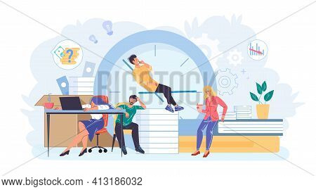Cartoon Flat Employee Characters At Work Stress Scene.burnout Tired Employees Sleep, Thinks About Wo