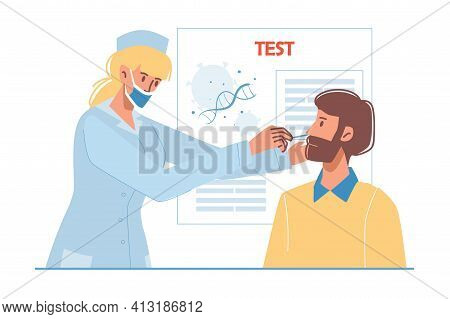 Vector Cartoon Flat Doctor Character At Work Doing Pcr Test.physician Take Patient Saliva Sample - C