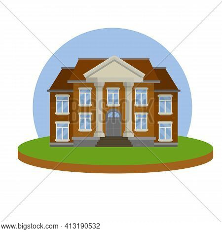University Building With White Columns And Brown Walls. Cartoon Flat Illustration. Classical Institu