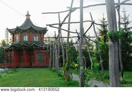 Two-storey Building In The Chinese Style Among Greens. Brech Complex, Chernihiv Region