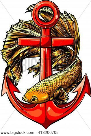 Fish Around The Anchor Vector Illustration Design