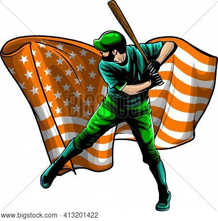 Baseball Player With American Flag Vector Illustration