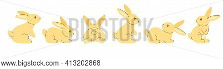 A Set Of Cute Yellow Rabbits. Six Colored Sitting And Recumbent Bunnies On A White Background. Festi