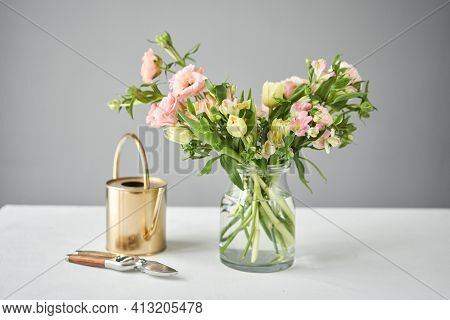 Bouquet 015. Finished Flower Arrangement In A Vase For Home. Flowers Bunch, Set For Interior. Fresh 