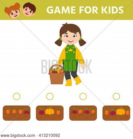Educational Logica Kids Game. Find Vegetables In The Garden With Carrots, Pumpkin, Beet. Printable W