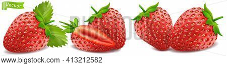Whole Strawberry And Sliced Half Strawberry. Set Ot Fresh Red Ripe Mellow Berry On White Background.