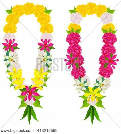 Indian Flower Garland Mala Beads For Wedding Ceremony. Happy Ugadi Religious Holiday Spring New Year