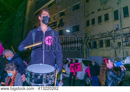 Haifa, Israel - March 17, 2021: Protestors Against Prime Minister Benjamin (bibi) Netanyahu, With A 