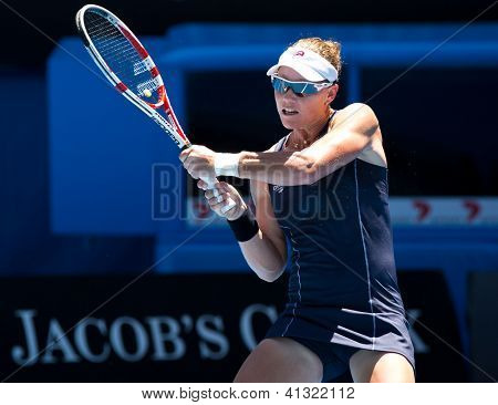 MELBOURNE - JANUARY 14: Samantha Stosur of Australia in her first round win over Kai-Chen Chang of China at the 2013 Australian Open on January 14, 2013 in Melbourne, Australia.